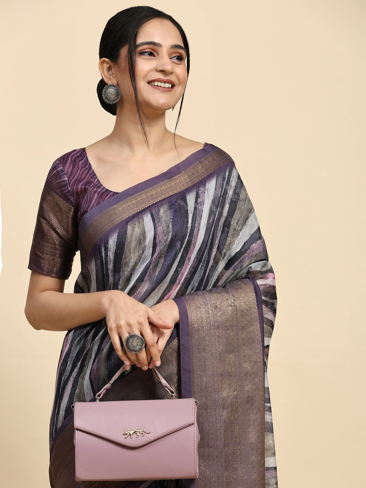 Purple Striped Printed Linen Blend Designer Saree