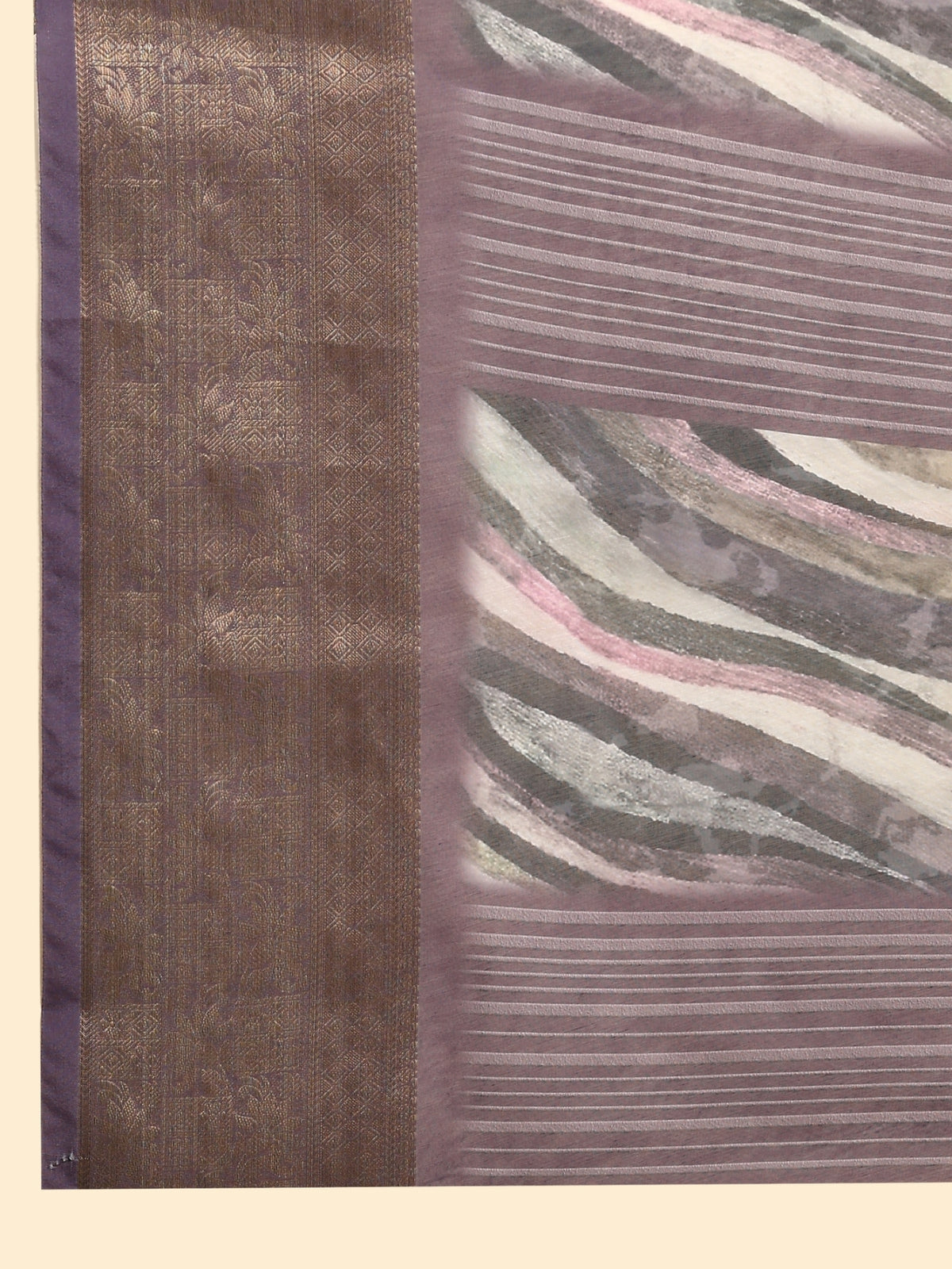 Purple Striped Printed Linen Blend Designer Saree