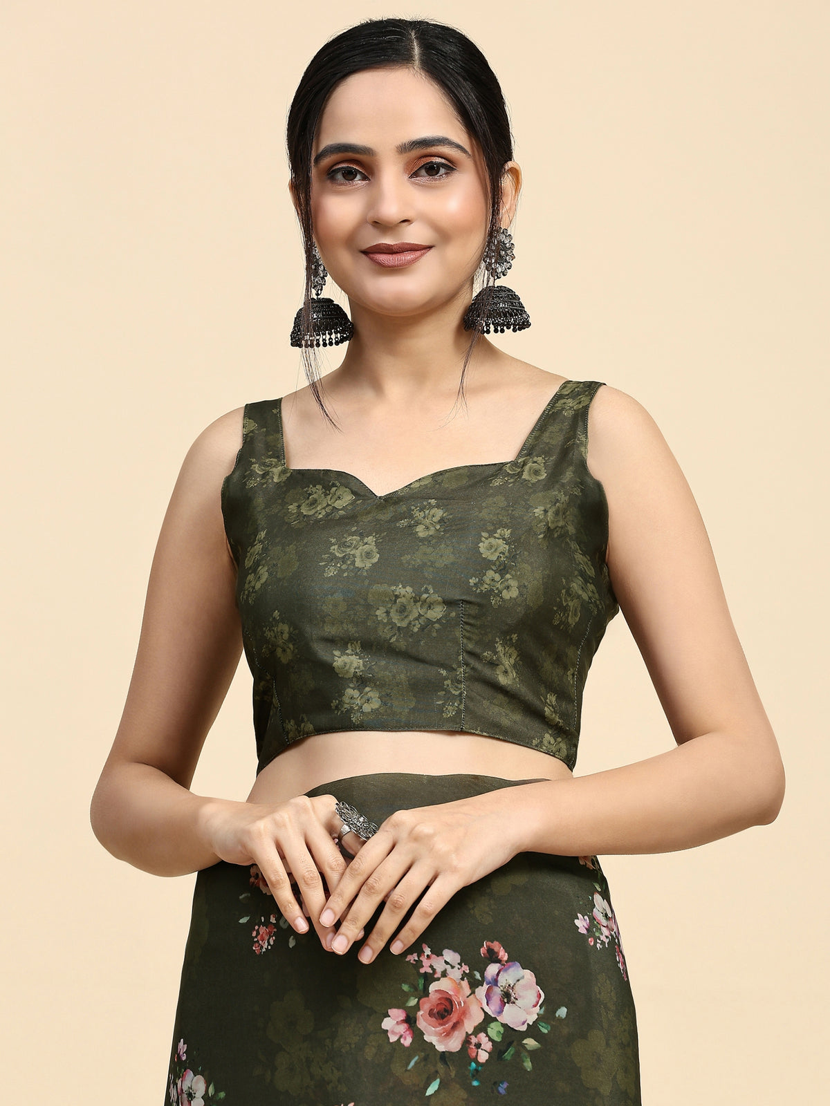 Green Floral Printed Satin Party Wear Saree