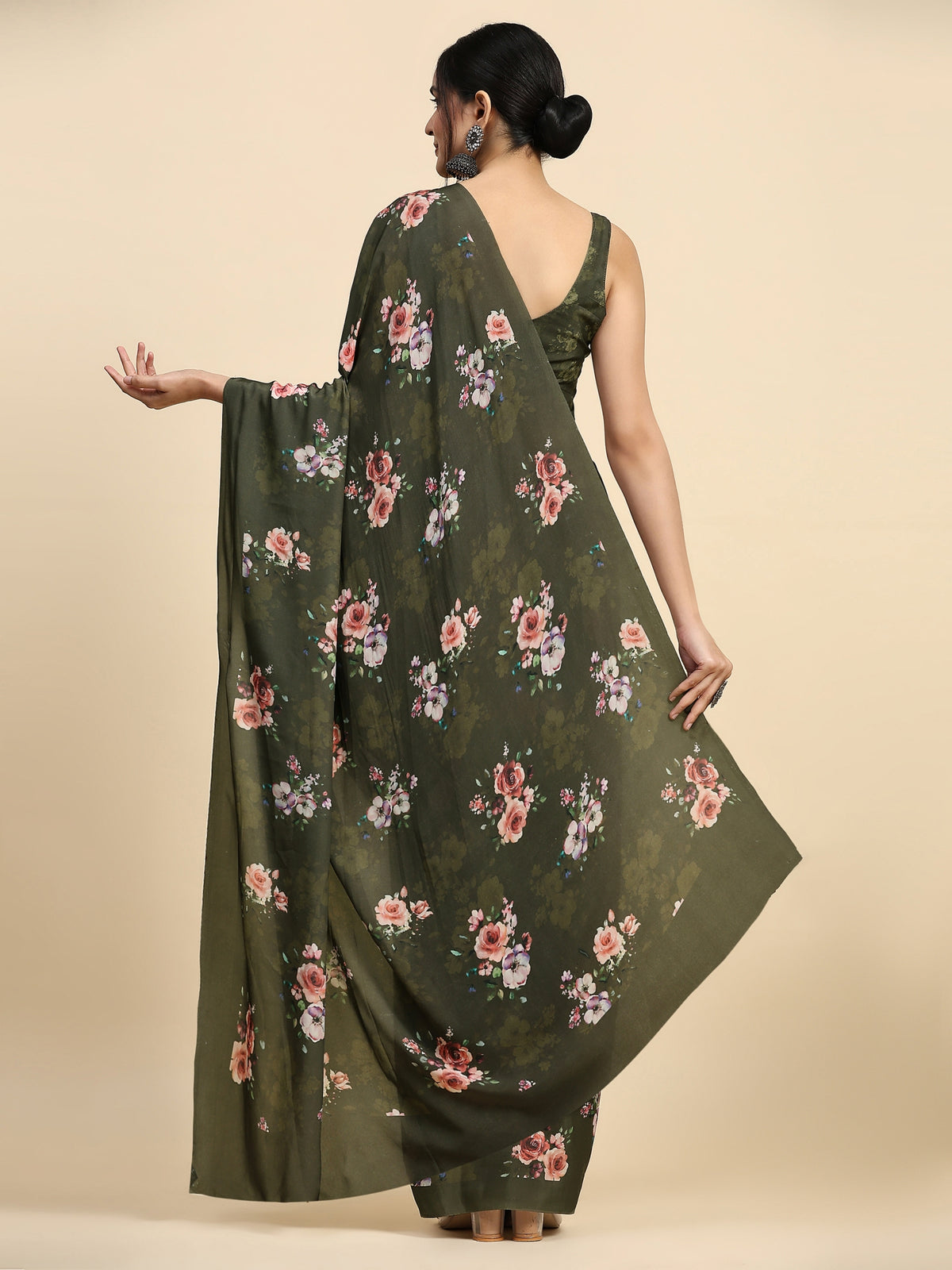 Green Floral Printed Satin Party Wear Saree