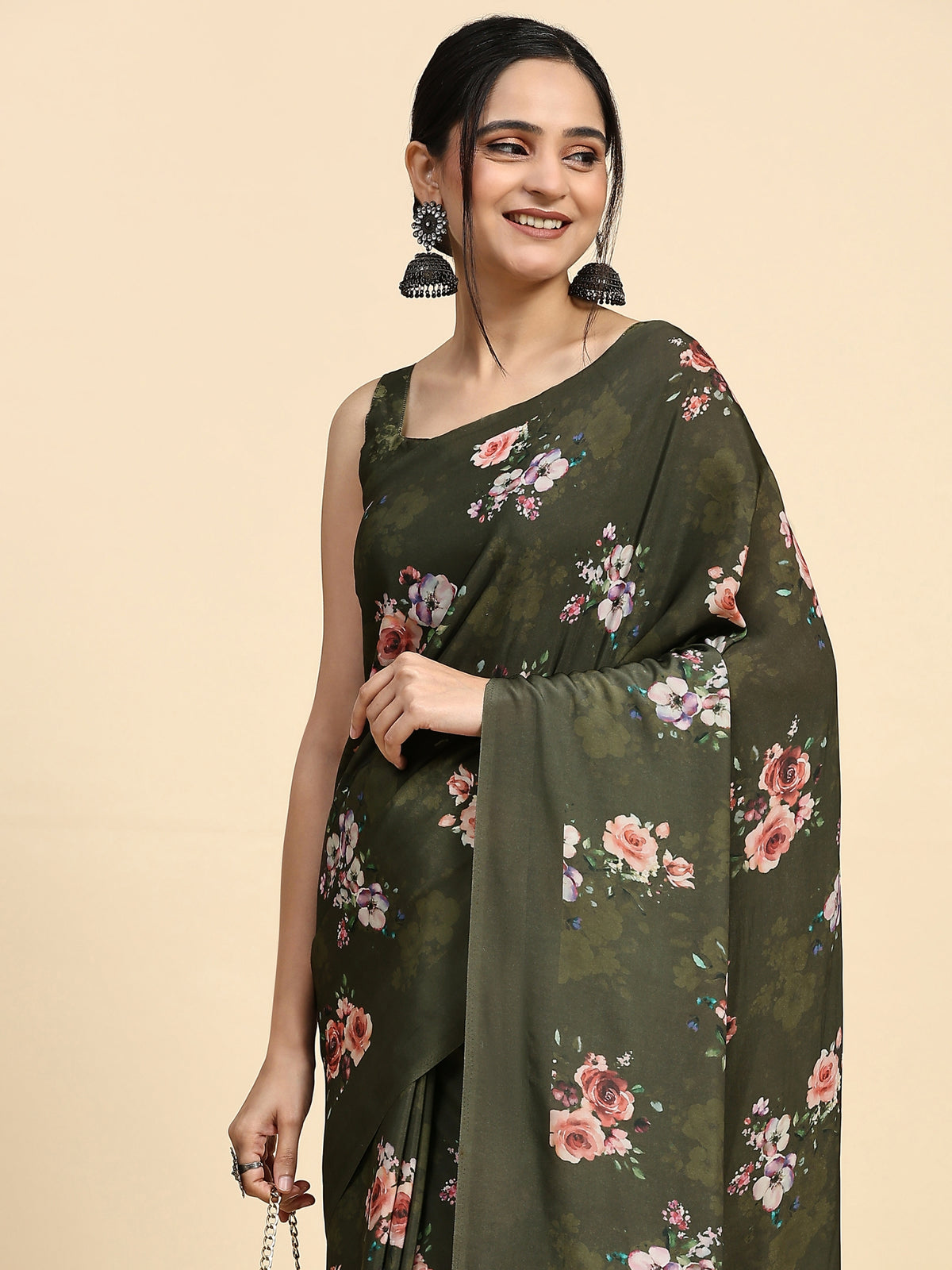 Green Floral Printed Satin Party Wear Saree
