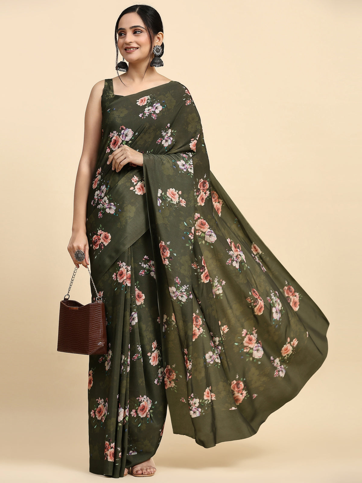 Green Floral Printed Satin Party Wear Saree