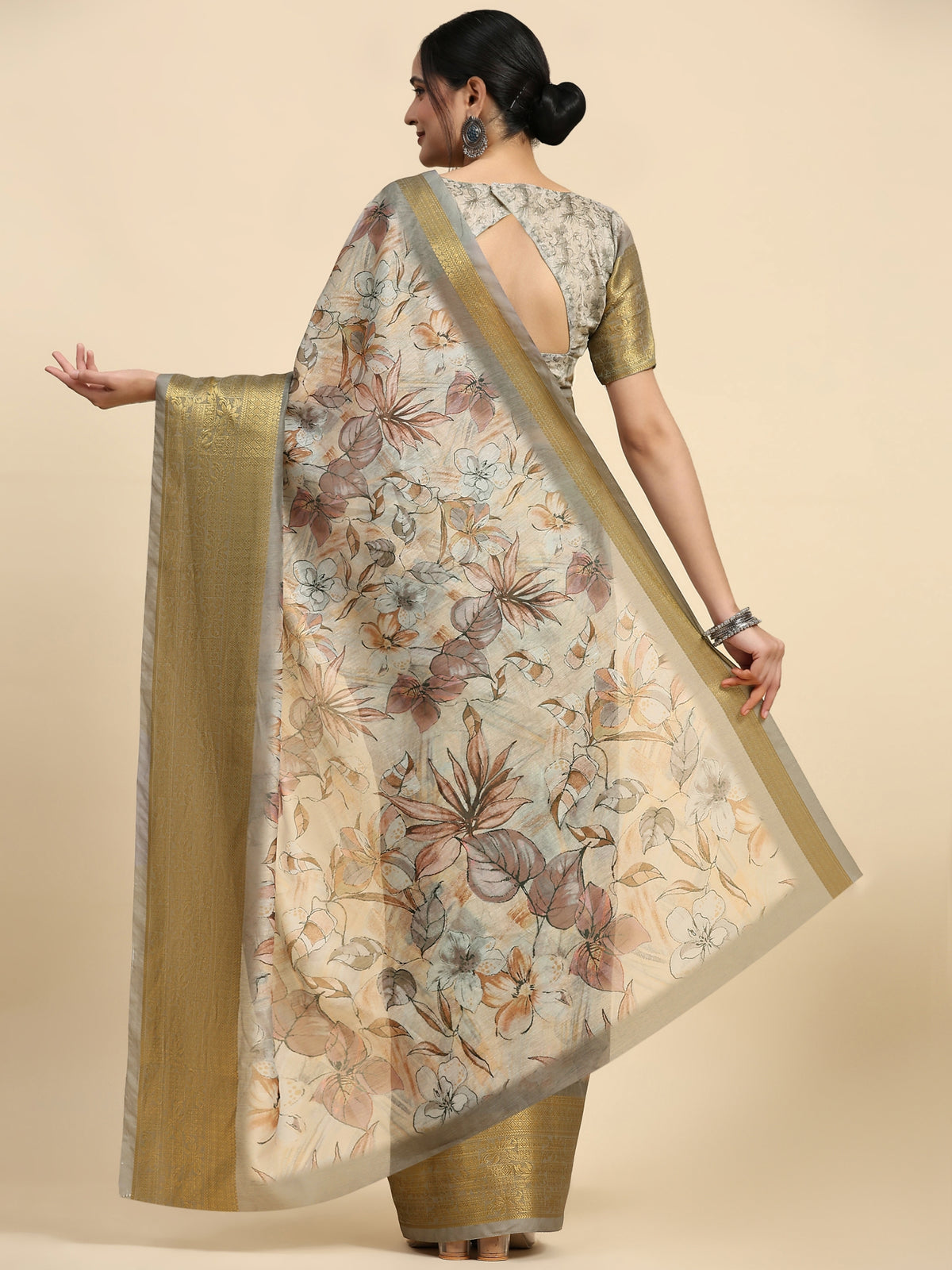Cream Batik Printed Linen Blend Designer Saree