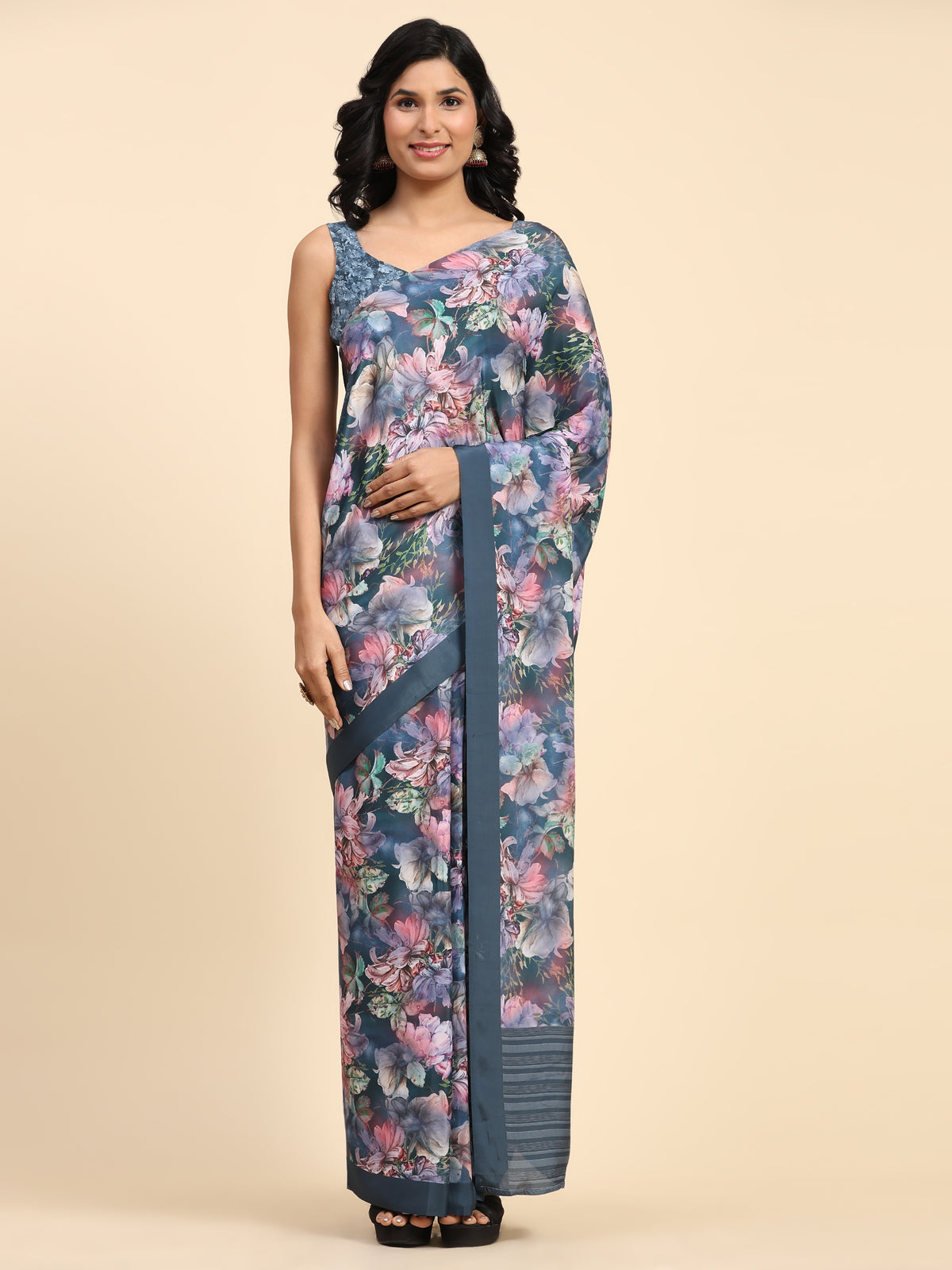 Grey Color Floral Printed Satin Designer Ready to Wear Saree