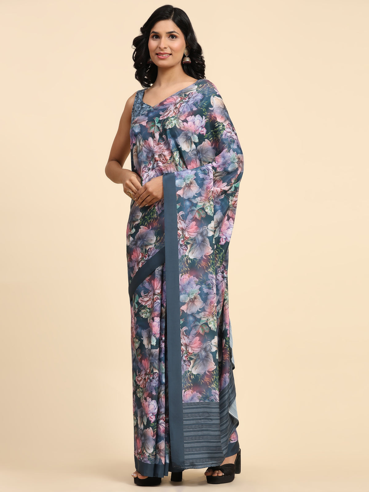 Grey Color Floral Printed Satin Designer Ready to Wear Saree