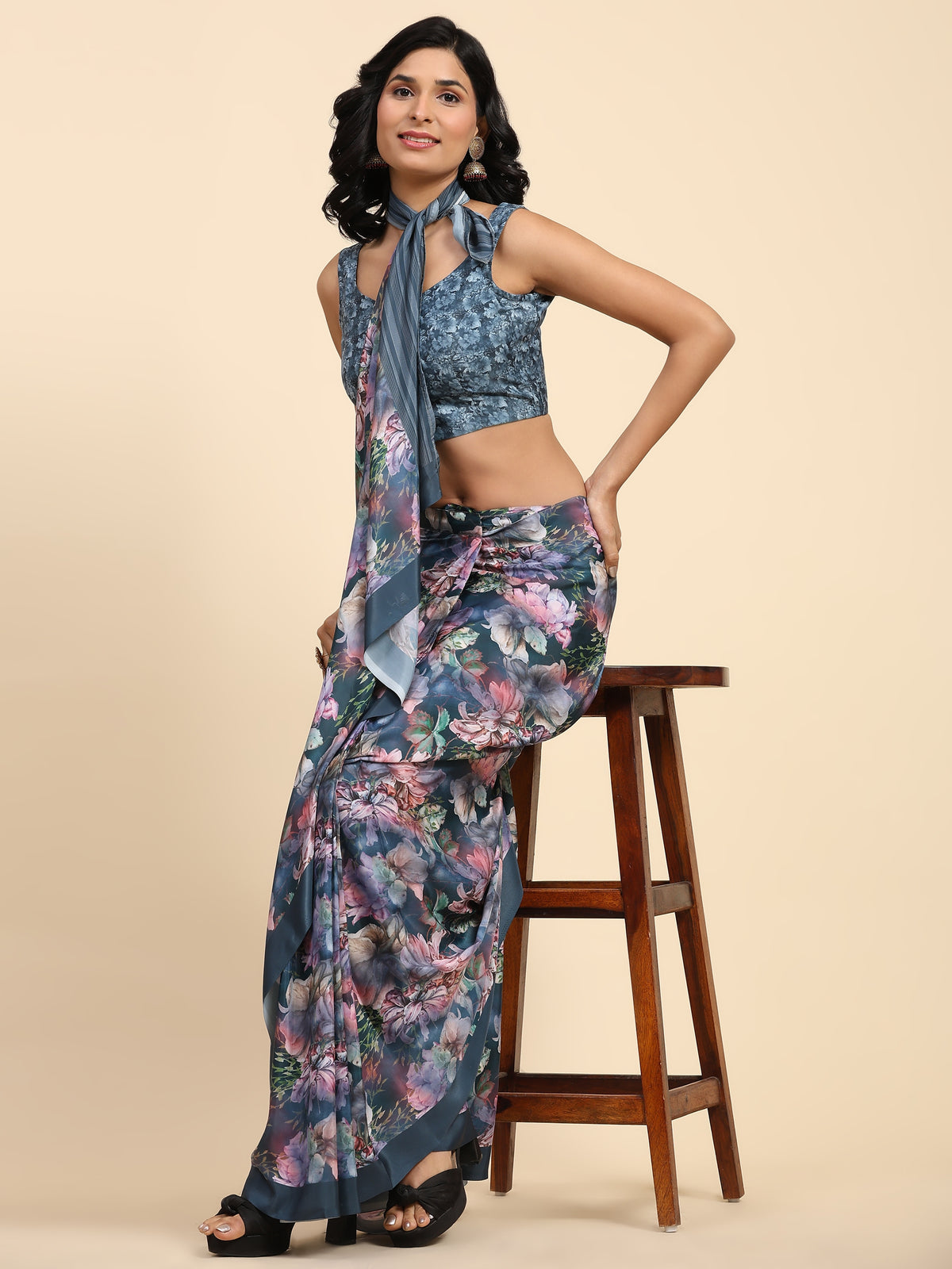 Grey Color Floral Printed Satin Designer Ready to Wear Saree