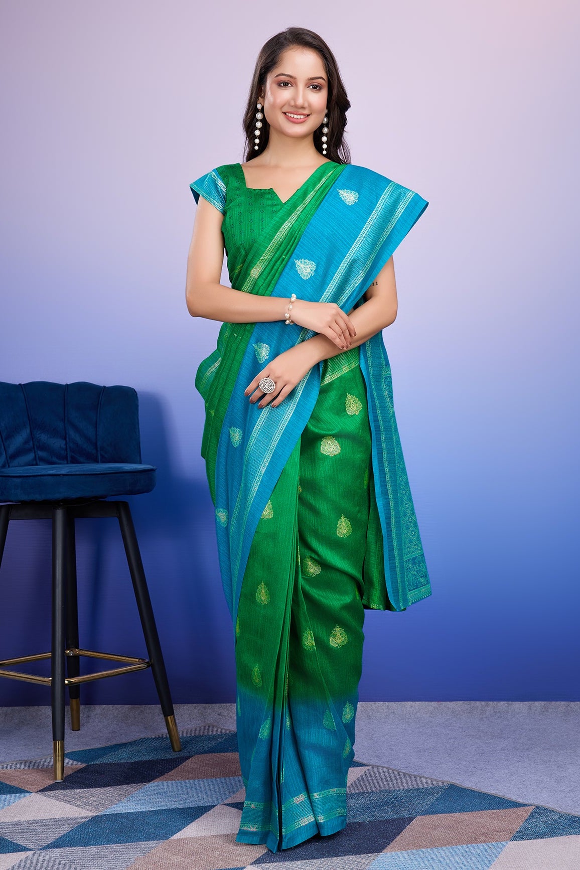 banarasi printed blue ready to wear saree