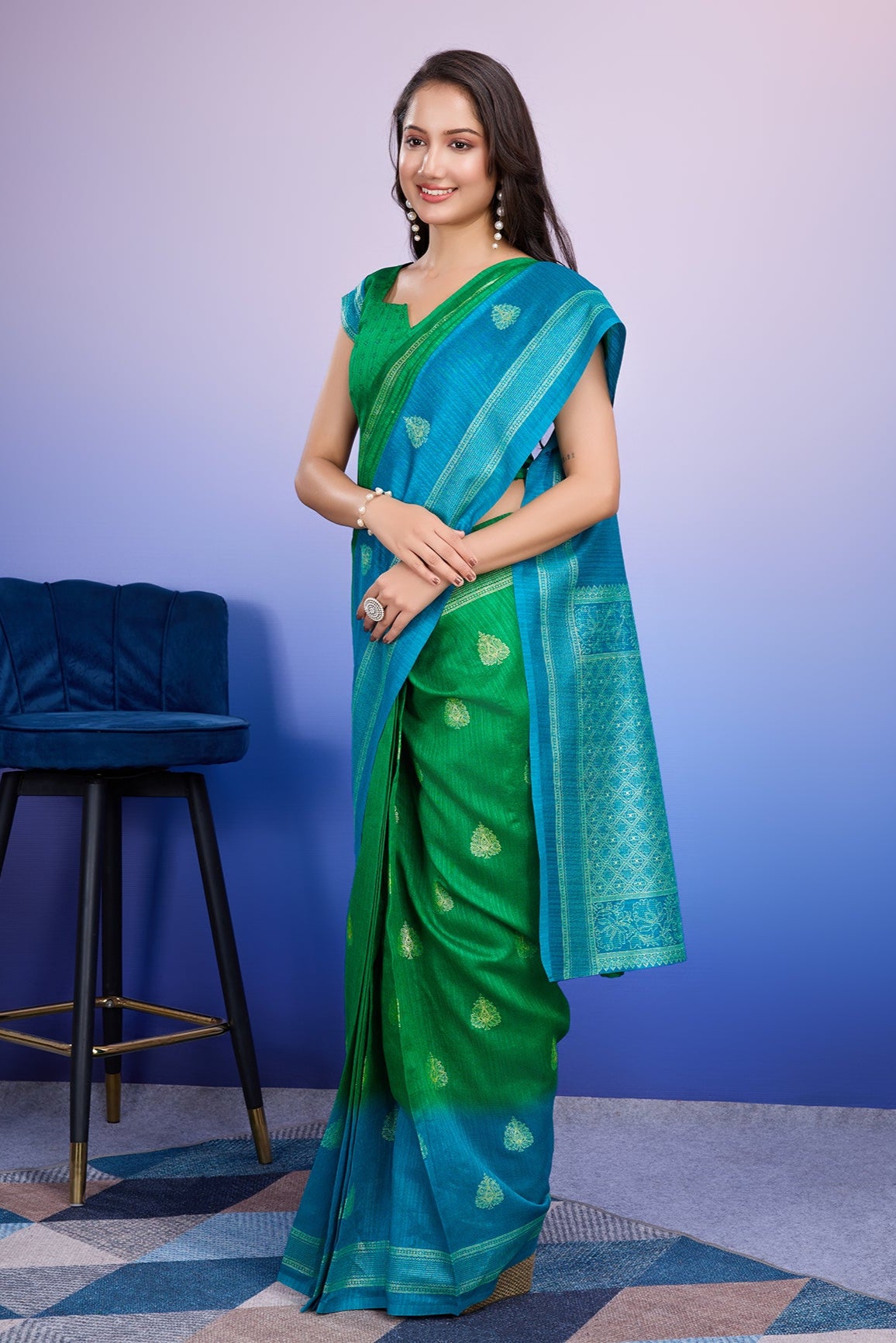 banarasi printed blue ready to wear saree