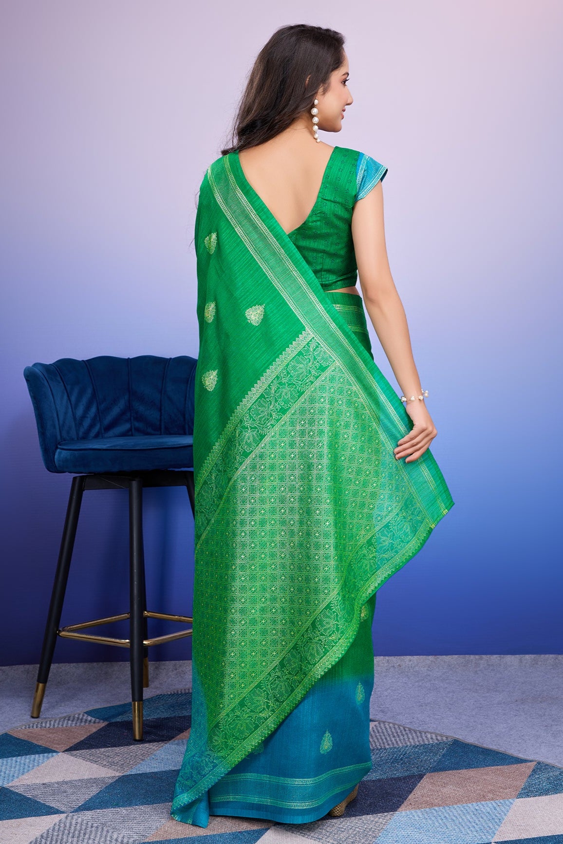 banarasi printed blue ready to wear saree