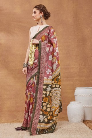 Maroon Floral Printed Silk Blend Ready to Wear Saree