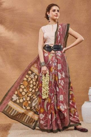 Maroon Floral Printed Silk Blend Party Wear Saree