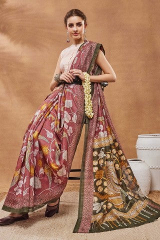 Maroon Floral Printed Silk Blend Ready to Wear Saree
