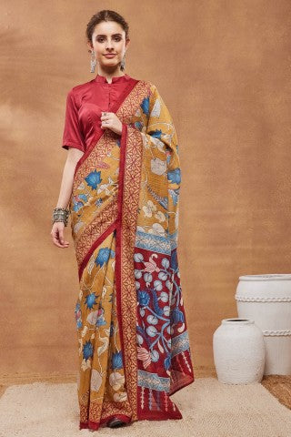 Mustard Ethnic Motifs Printed Silk Blend Party Wear Designer Saree