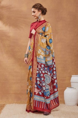 Mustard Ethnic Motifs Printed Silk Blend Party Wear Designer Saree