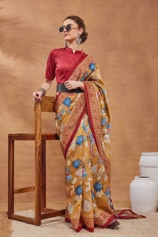Mustard Ethnic Motifs Printed Silk Blend Party Wear Designer Saree