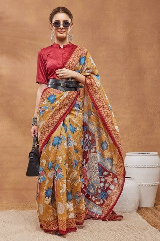 Mustard Ethnic Motifs Printed Silk Blend Party Wear Designer Saree