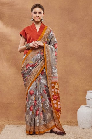 Grey Ethnic Motifs Printed Silk Blend Ready to Wear Saree