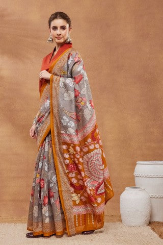Grey Color Ethnic Motifs Printed Silk Blend Party Wear Saree