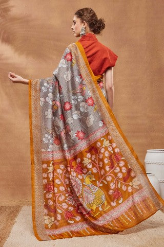 Grey Ethnic Motifs Printed Silk Blend Ready to Wear Saree