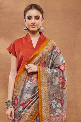 Grey Color Ethnic Motifs Printed Silk Blend Party Wear Saree