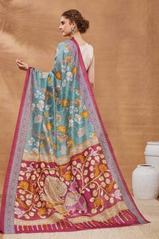 Turkish Blue Kalamkari Printed Silk Blend Party Wear Saree