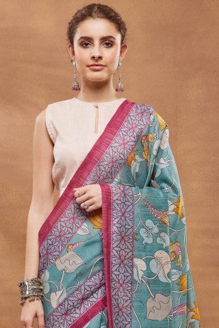Turkish Blue Kalamkari Printed Silk Blend Party Wear Saree