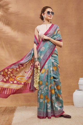 Blue Color Floral Printed Silk Blend Ready to Wear Saree