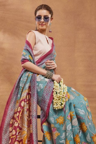 Turkish Blue Kalamkari Printed Silk Blend Party Wear Saree