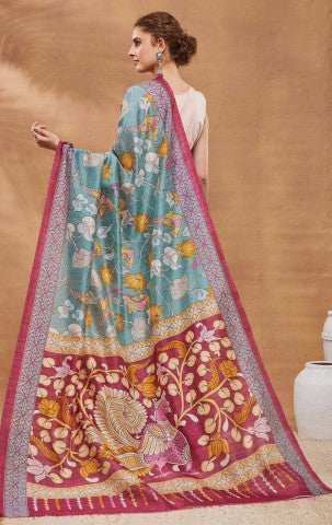 Blue Color Floral Printed Silk Blend Ready to Wear Saree