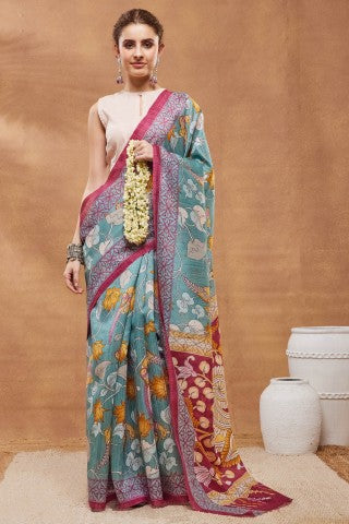 Turkish Blue Kalamkari Printed Silk Blend Party Wear Saree