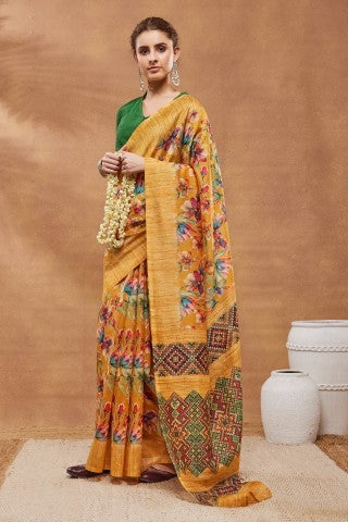 Mustard Floral Printed Silk Blend Party Wear Saree