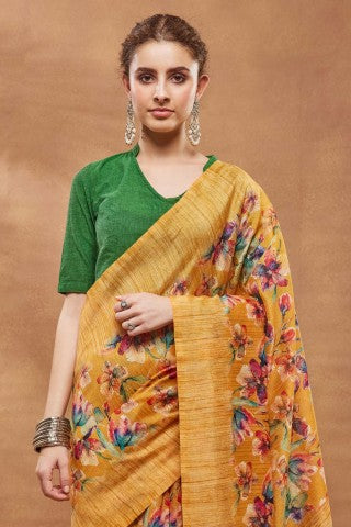 Mustard Floral Printed Silk Blend Designer Saree
