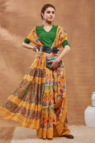 Mustard Floral Printed Silk Blend Party Wear Saree