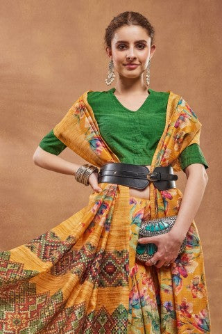 Mustard Floral Printed Silk Blend Designer Saree