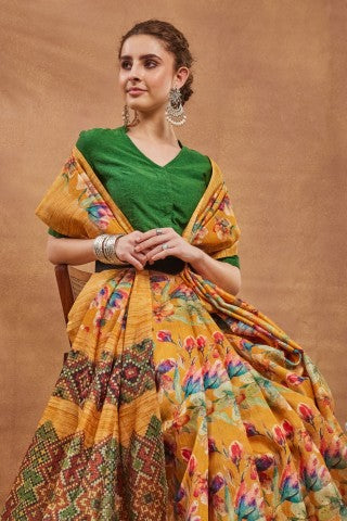 Mustard Floral Printed Silk Blend Party Wear Saree
