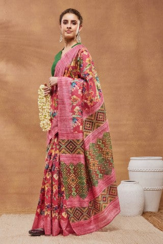 Pink Floral Printed Silk Blend Ready to Wear Saree