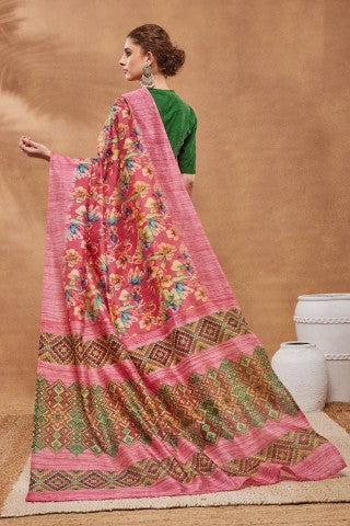 Pink Floral Printed Silk Blend Ready to Wear Saree