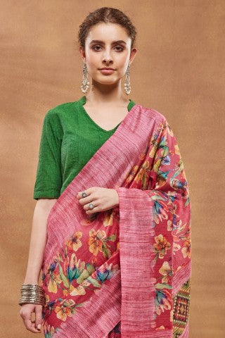 Pink Floral Printed Silk Blend Ready to Wear Saree