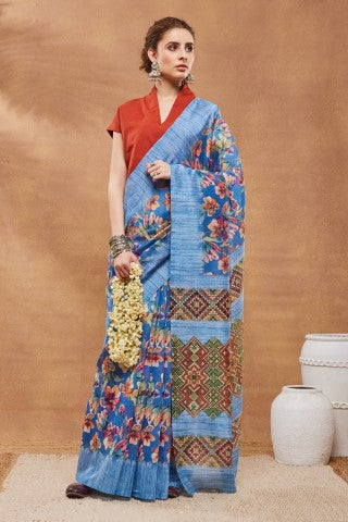 Blue Floral Printed Silk Blend Ready to Wear Saree
