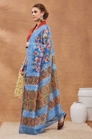Blue Floral Printed Silk Blend Ready to Wear Saree