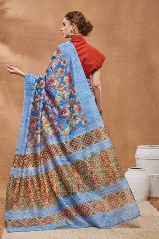 Blue Floral Printed Silk Blend Ready to Wear Saree