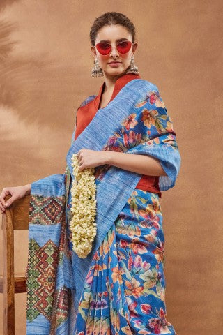 Blue Floral Printed Silk Blend Ready to Wear Saree