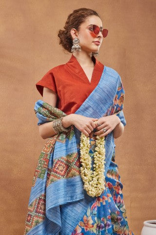 Blue Floral Printed Silk Blend Ready to Wear Saree