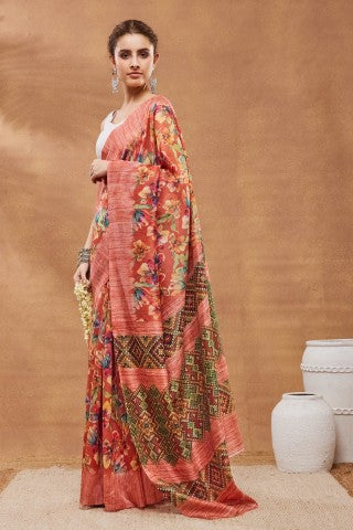 Orange Floral Printed Silk Blend Party Wear Saree