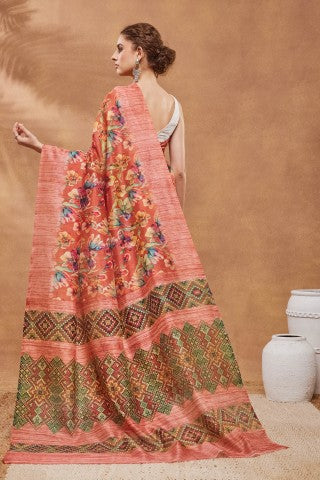 Orange Floral Printed Silk Blend Party Wear Saree