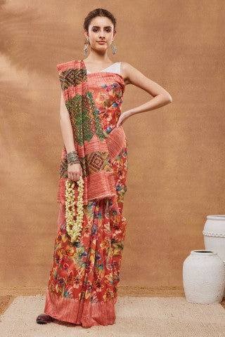 Orange Floral Printed Silk Blend Party Wear Saree