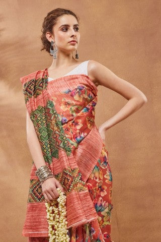 Peach Floral Printed Silk Blend Party Wear Saree