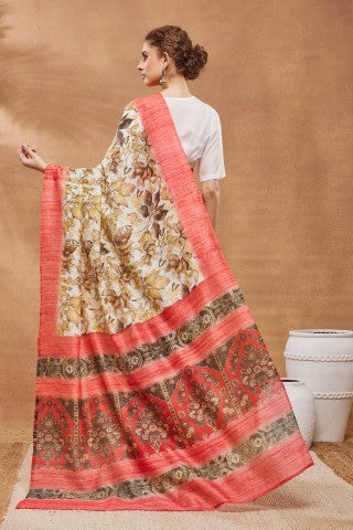 Off White Floral Printed Silk Blend Ready to Wear Saree