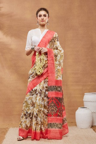 Off White Floral Printed Silk Blend Ready to Wear Saree