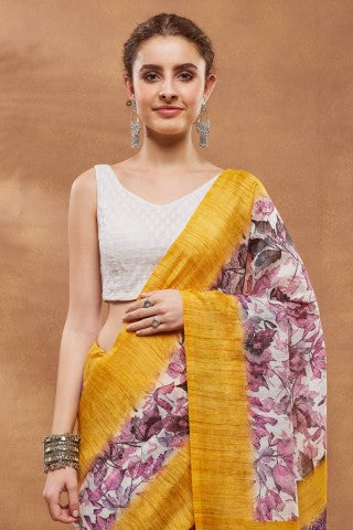 Yellow Floral Printed Silk Blend Party Wear Saree